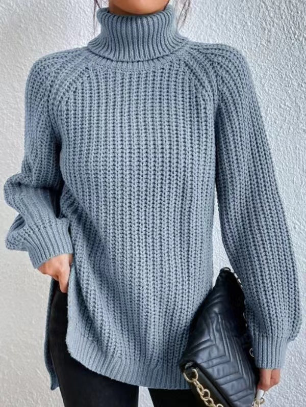 JULIA | Pull en coton à col roulé et manches raglan à ourlet fendu
