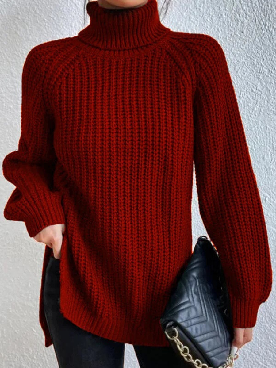JULIA | Pull en coton à col roulé et manches raglan à ourlet fendu