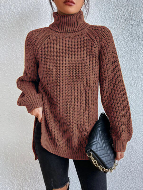 JULIA | Pull en coton à col roulé et manches raglan à ourlet fendu