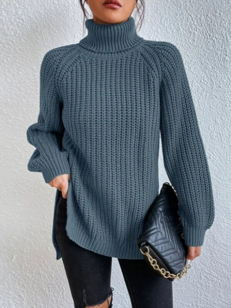 JULIA | Pull en coton à col roulé et manches raglan à ourlet fendu