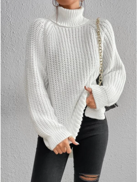 JULIA | Pull en coton à col roulé et manches raglan à ourlet fendu