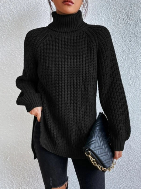 JULIA | Pull en coton à col roulé et manches raglan à ourlet fendu