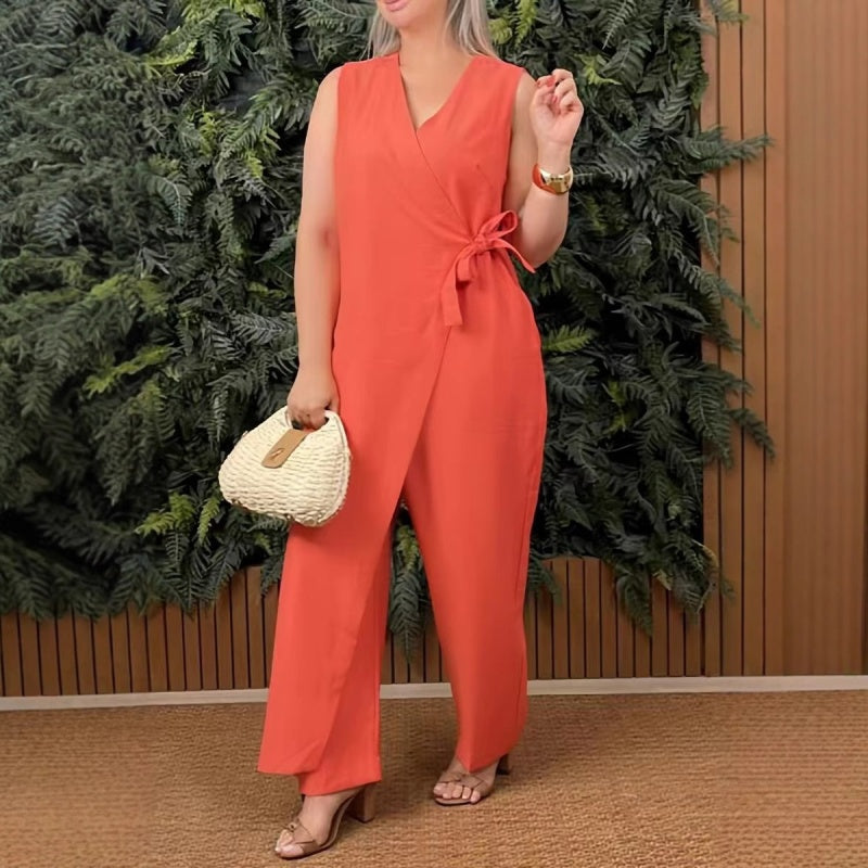 KIMBERLY | Casual V-neck jumpsuit with ties, solid color.